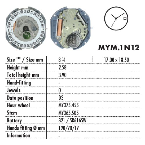 MOVIMENTO MIYOTA GN12, 8 3/4''', ALT. 2.58, D3, 3 LANCETTE - 1N12 / GN10