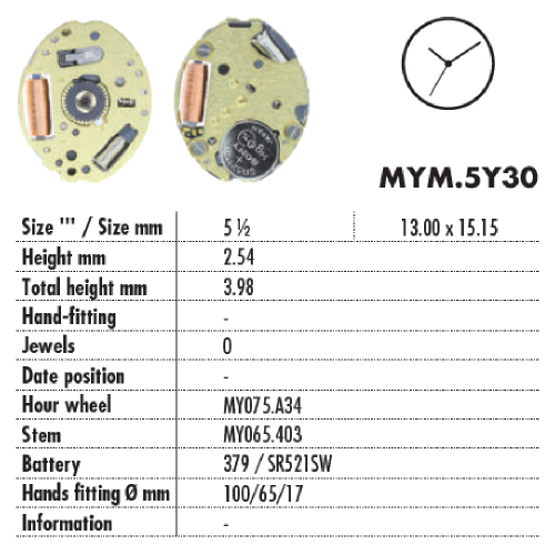 MOVIMENTO MIYOTA 5Y30, 5 1/2''', ALT. 2.54, 3 LANCETTE