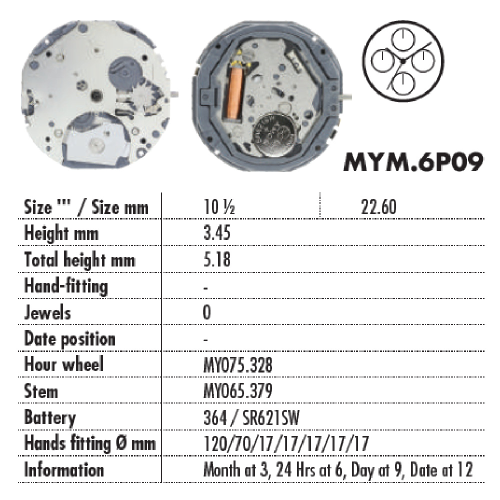 MOVIMENTO MIYOTA 6P09, 10 1/2''', ALT. 3.45, 7 LANCETTE