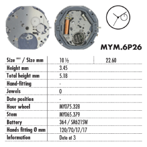 MOVIMENTO MIYOTA 6P26, 10 1/2''', ALT. 3.45, 4 LANCETTE