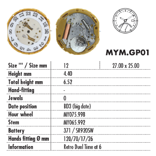 MOVIMENTO MIYOTA GP01, 12''', ALT. 4.40, GRANDE DATA 3, 4 LANCETTE