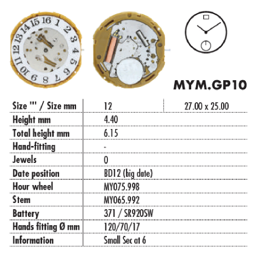 MOVIMENTO MIYOTA GP10, 12''', ALT. 4.40, GRANDE DATA 12, 3 LANCETTE