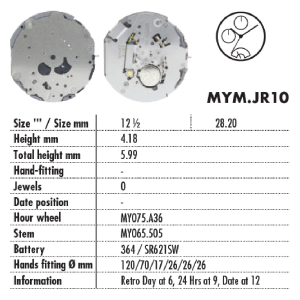 MOVIMENTO MIYOTA JR10, 12 1/2''', ALT. 4.18, 6 LANCETTE