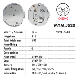 MOVIMENTO MIYOTA JS20 CRONO, 12 1/2''', ALT. 4.18, 6 LANCETTE