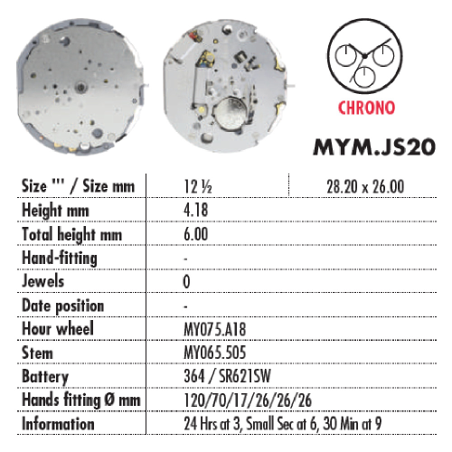 MOVIMENTO MIYOTA JS20 CRONO, 12 1/2''', ALT. 4.18, 6 LANCETTE