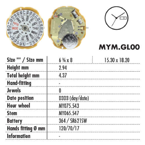 MOVIMENTO MIYOTA GL00 = GL02 = 1L02, 6 3/4x8''', ALT. 2.94, GIORNO/DATA 3, 3 LANCETTE