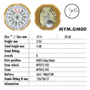 MOVIMENTO MIYOTA GM00 = GM02, 10 1/2''', ALT. 2.94, GIORNO 3/DATA 3, 3 LANCETTE - EX. 1M02
