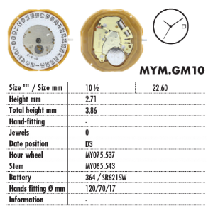 MOVIMENTO MIYOTA GM10 = GM12, 10 1/2''', ALT. 2.71, D3, 3 LANCETTE - EX. 1M12 6M12