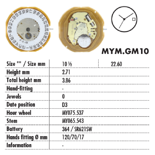 MOVIMENTO MIYOTA GM10 = GM12, 10 1/2''', ALT. 2.71, D3, 3 LANCETTE - EX. 1M12 6M12