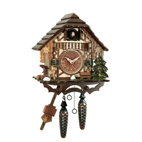 OROLOGIO KUCKUCK QUARZO CASETTA CON BALLERINI, MUSICA, SOGGETTI ANIMATI E PESI IN LEGNO 44 CM