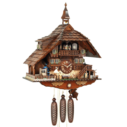 OROLOGIO KUCKUCK MECCANICO NOCE 58 CM - SPACCALEGNA E SOGGETTI ANIMATI, CARILLON CON BALLERINI E CARICA 8 GG.